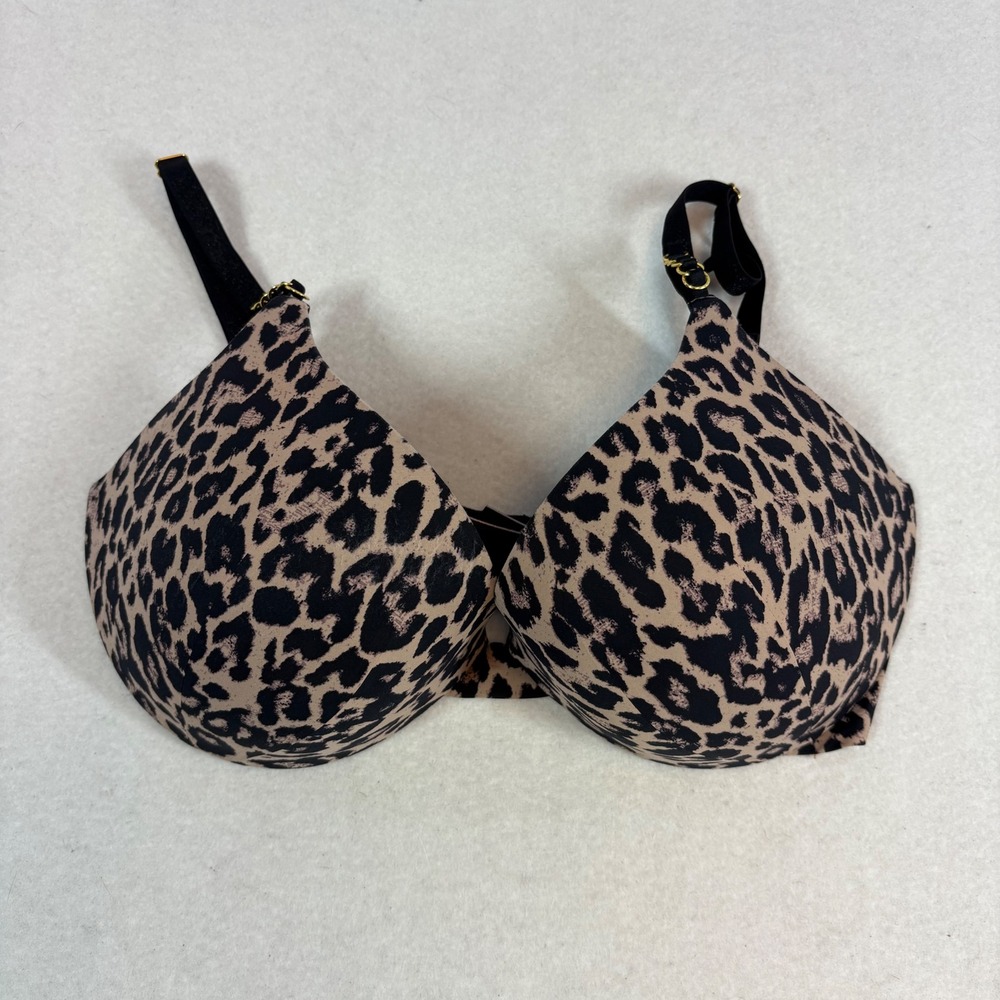 Victoria's Secret Uplift Plunge Bra Women 32DDD Tan Leopard Very Sexy Gold Chain